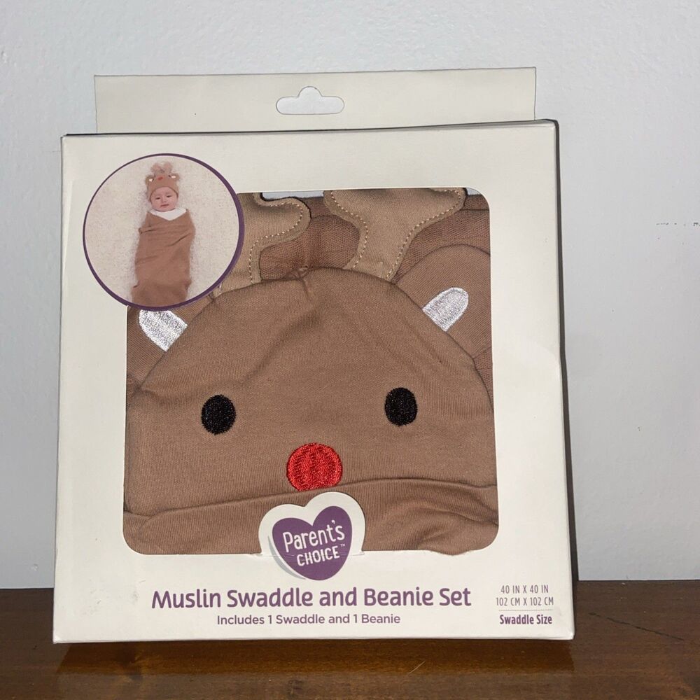 Parents Choice Muslin Swaddle & Beanie Brown Cotton Infant Newborn Reindeer Set